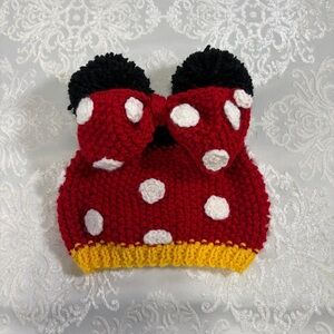 Hand knit Kids Minnie Mouse Pom Pom Beanie Toboggan